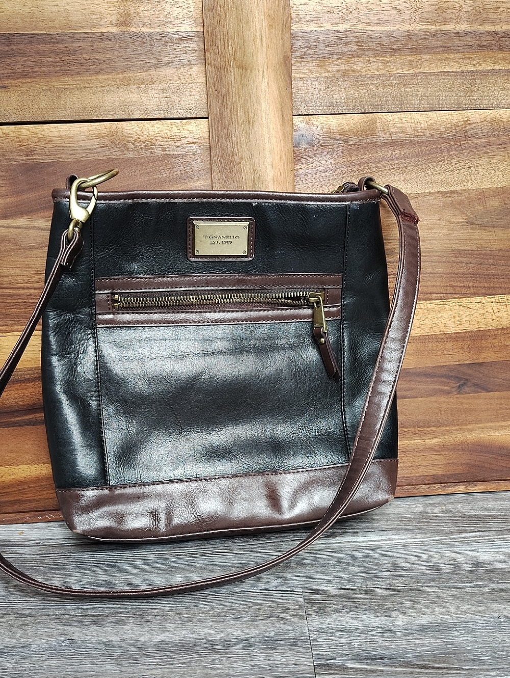 Tignanello Black and Brown Leather Crossbody Bag - Designer Plaque